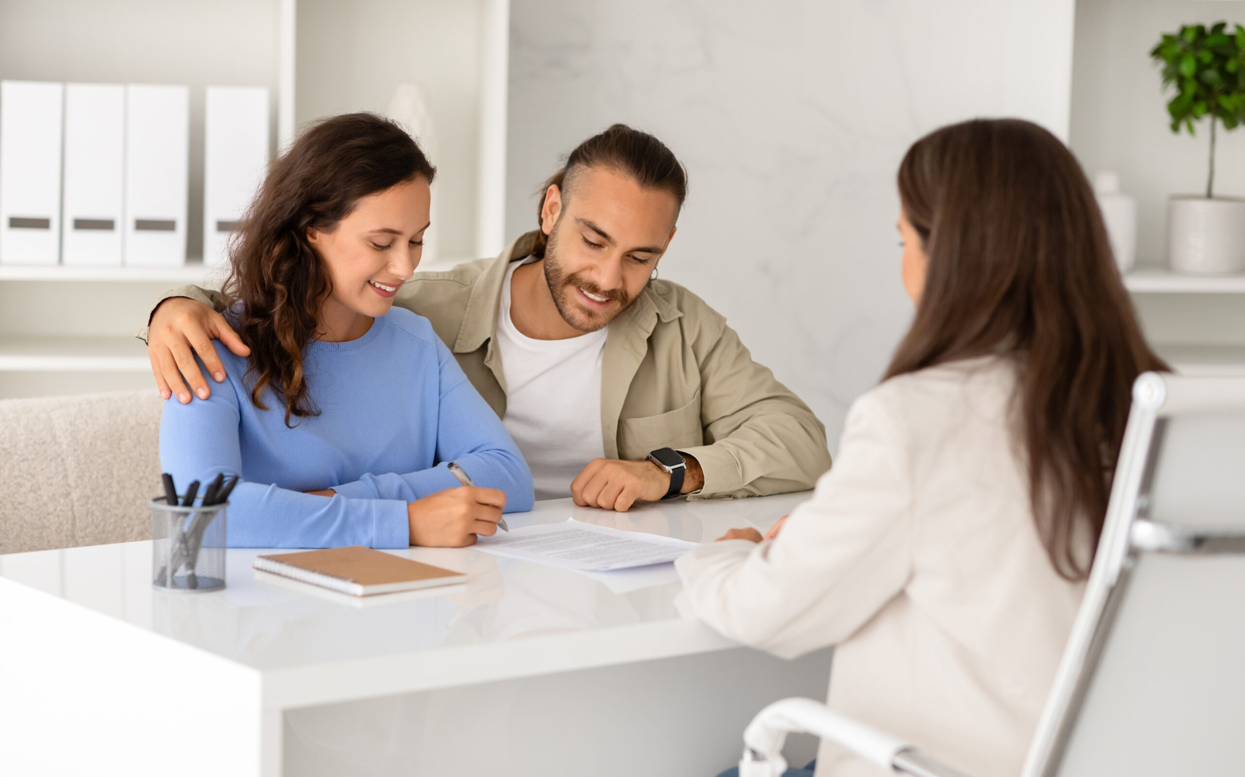 Professional adviser explaining house ownership and insurance details to spouses